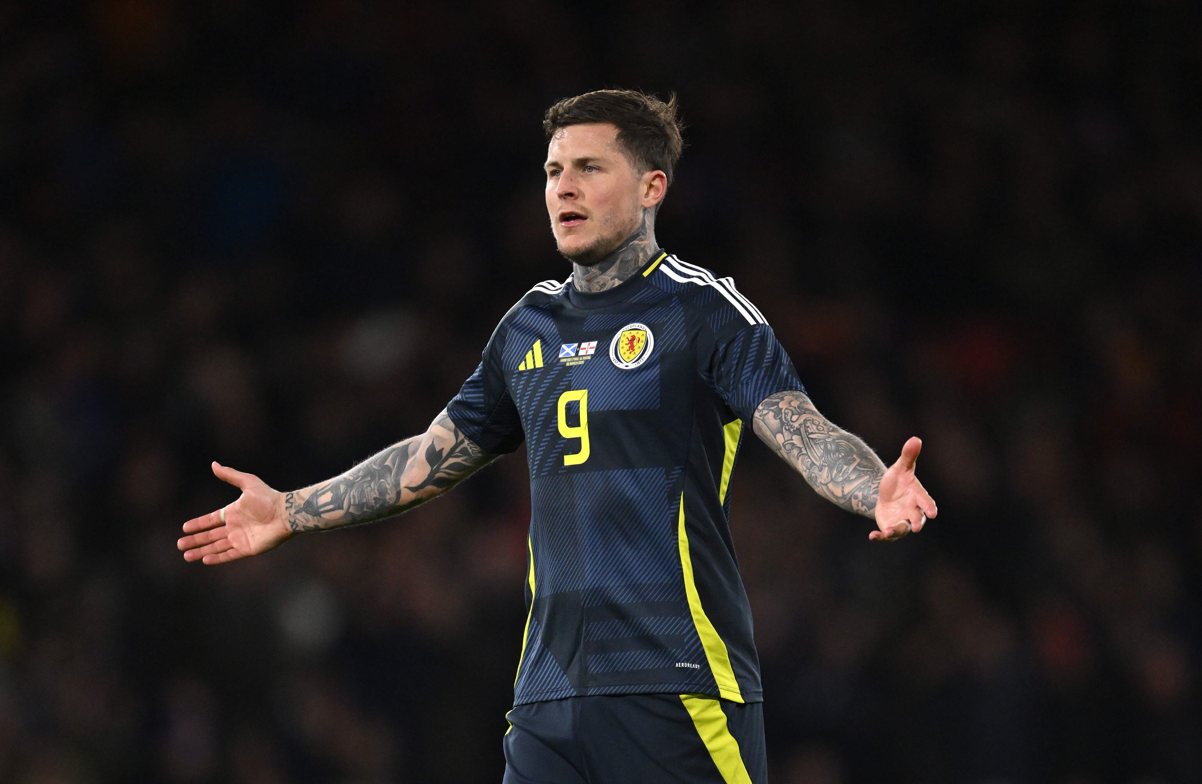 Scotland player Lyndon Dykes in action during the international friendly match between Scotland and Northern Ireland at Hampden Park on March 26, 2024